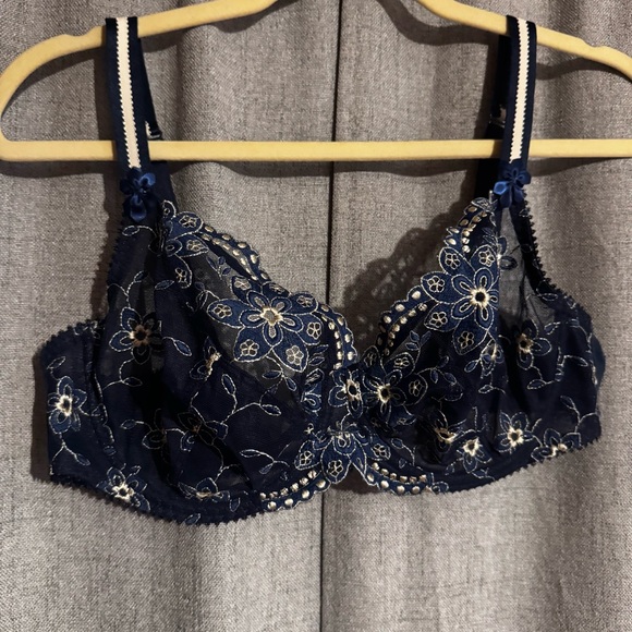 Maison Lejaby Other - Maison Lejaby 38D Navy Blue Embroidered Lace Bra Sheer Floral Underwire Made in